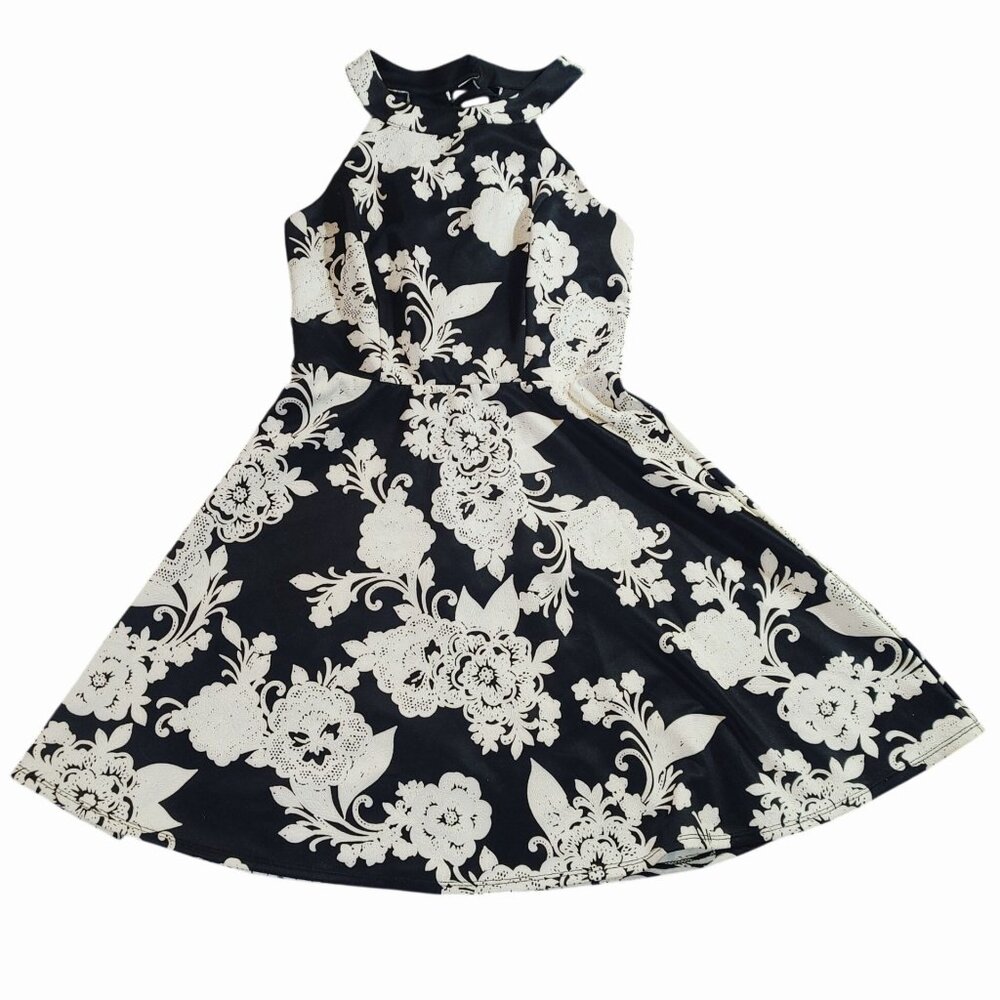 Floral Halter Dress Small Black White LaceUp Back Detail Lightweight Swing Style